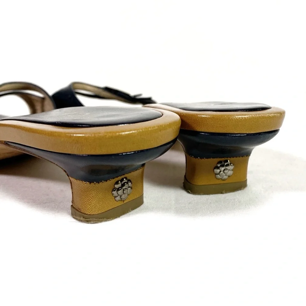 Chanel Vintage Y2K Black Tan Leather Camellia Mules Sandals Kitten Heels